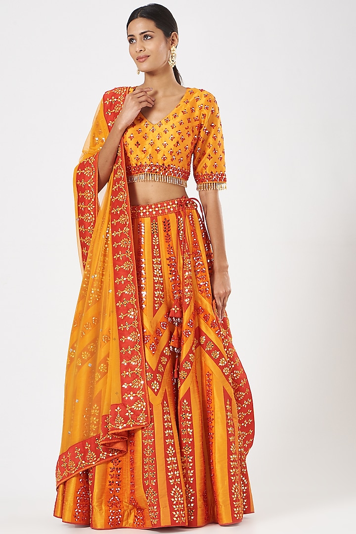 Yellow & Red Embroidered Lehenga Set by Vandana Sethi