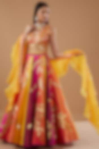 Multi-Colored Dupion Raw Silk Embroidered Wedding Lehenga Set by Vandana Sethi at Pernia's Pop Up Shop