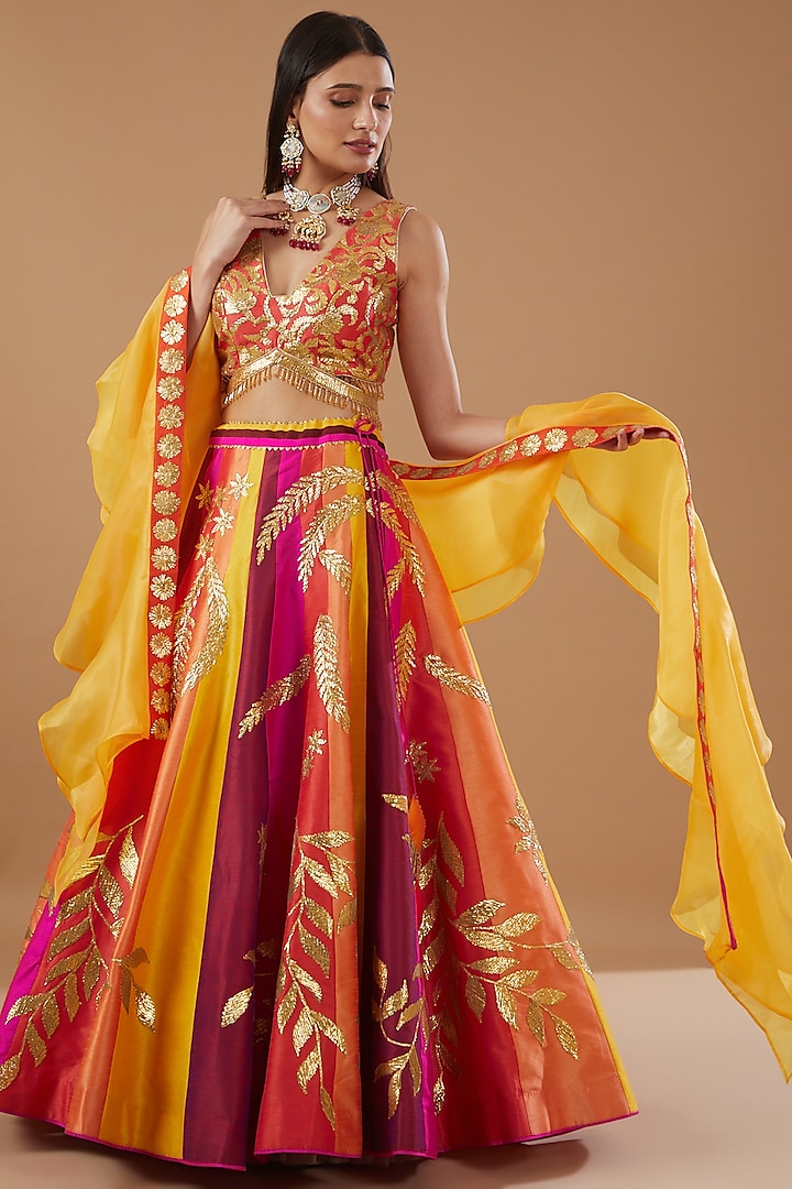 Multi-Colored Dupion Raw Silk Embroidered Wedding Lehenga Set by Vandana Sethi at Pernia's Pop Up Shop