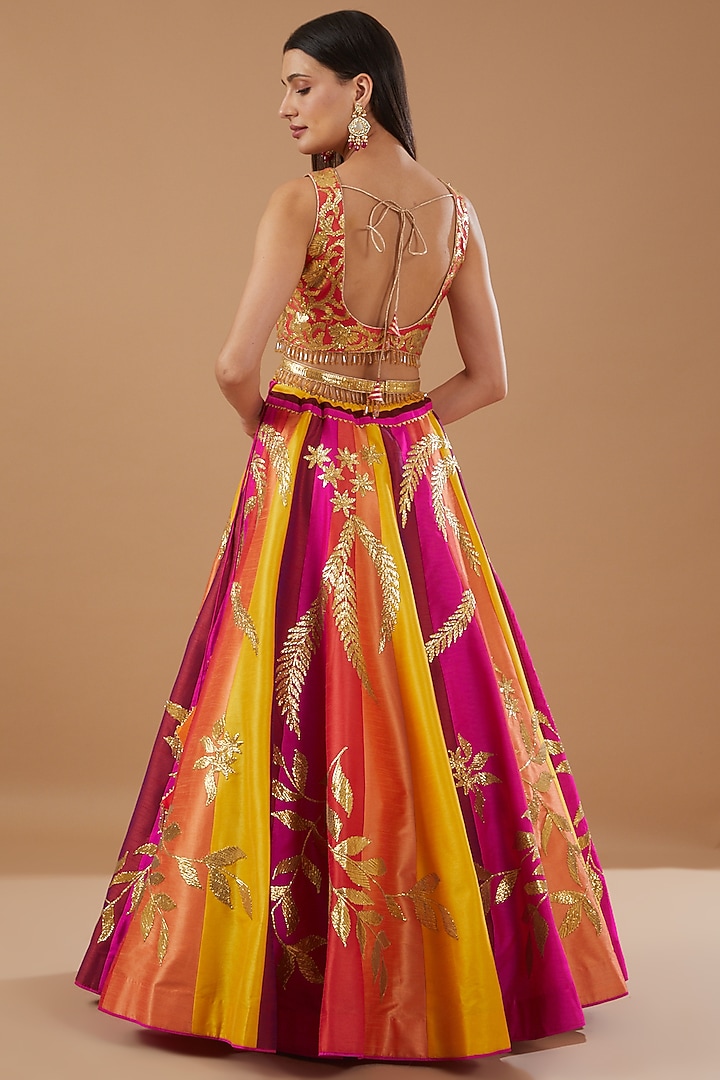 Multi-Colored Dupion Raw Silk Embroidered Wedding Lehenga Set by Vandana Sethi at Pernia's Pop Up Shop