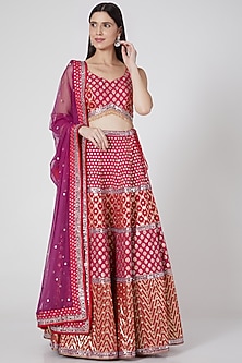 Red & Fuchsia Mirror Embroidered Lehenga Set by Vandana Sethi