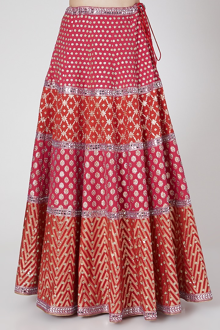 Red & Fuchsia Chanderi Brocade Mirror Embroidered Wedding Lehenga Set by Vandana Sethi at Pernia's Pop Up Shop
