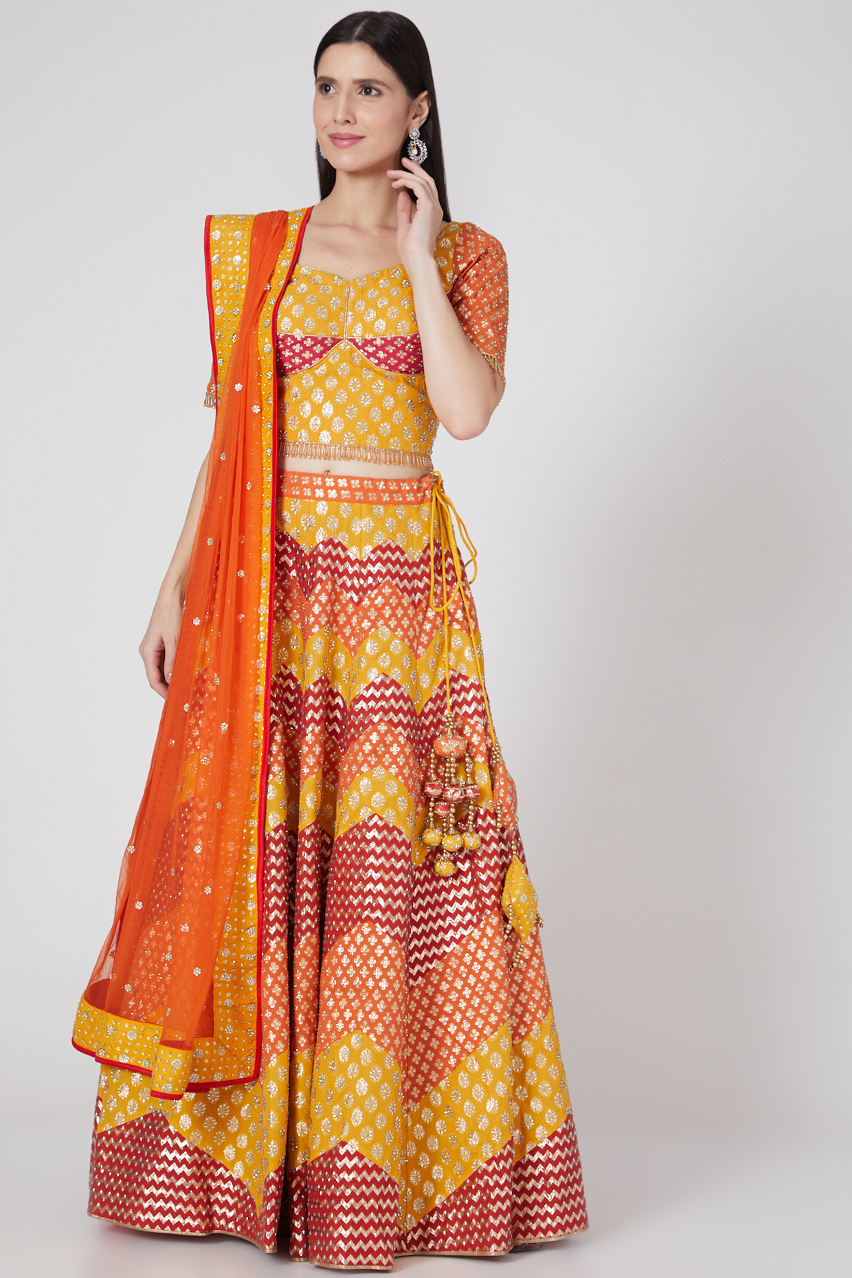 Multi Colored Embroidered & Brocade Lehenga Set by Vandana Sethi