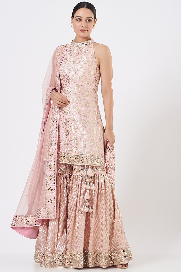 Blush Pink Chanderi Silk Mirror Embroidered Gharara Set by Vandana Sethi
