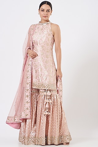 Blush Pink Chanderi Silk Mirror Embroidered Gharara Set by Vandana Sethi