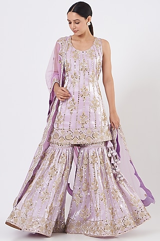 Lilac Organza Mirror Embroidered Gharara Set by Vandana Sethi