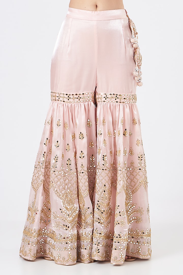 Blush Pink Organza Mirror Embroidered Gharara Set by Vandana Sethi at Pernia's Pop Up Shop