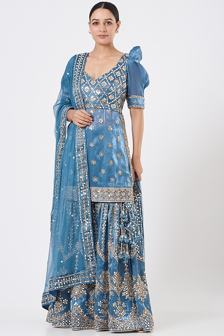 Cobalt Blue Organza Mirror Embroidered Gharara Set by Vandana Sethi at Pernia's Pop Up Shop