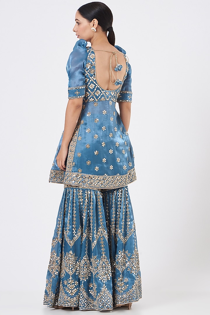 Cobalt Blue Organza Mirror Embroidered Gharara Set by Vandana Sethi at Pernia's Pop Up Shop