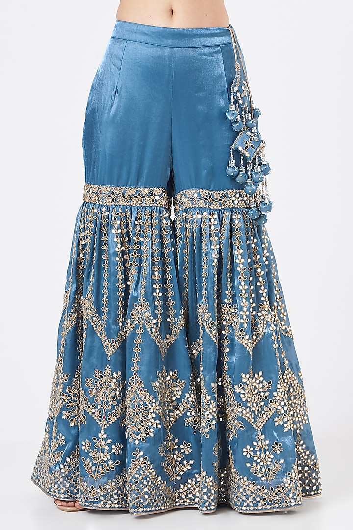 Cobalt Blue Organza Mirror Embroidered Gharara Set by Vandana Sethi at Pernia's Pop Up Shop