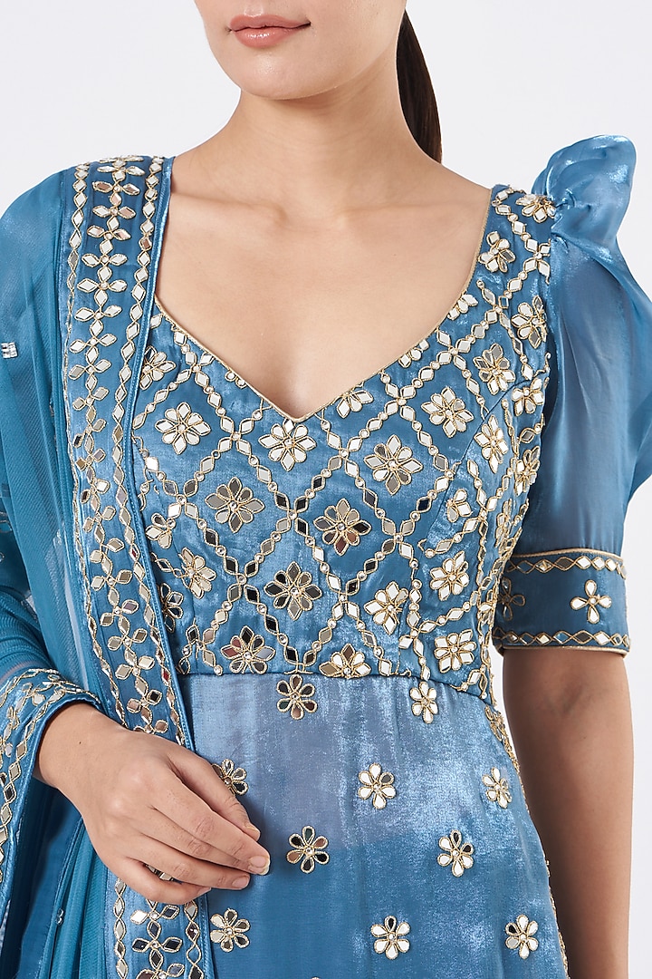 Cobalt Blue Organza Mirror Embroidered Gharara Set by Vandana Sethi at Pernia's Pop Up Shop