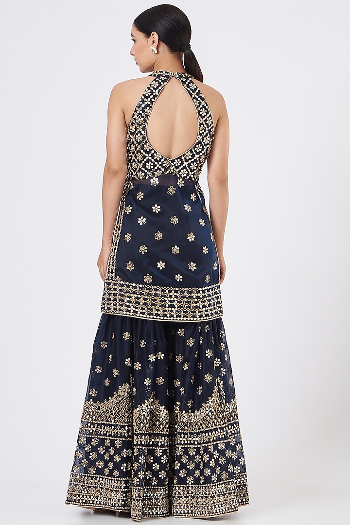 Midnight Blue Organza Mirror Embroidered Gharara Set by Vandana Sethi at Pernia's Pop Up Shop
