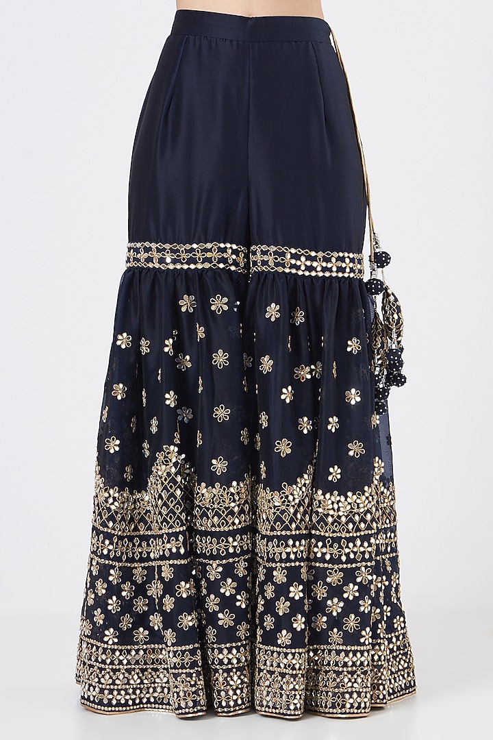 Midnight Blue Organza Mirror Embroidered Gharara Set by Vandana Sethi at Pernia's Pop Up Shop