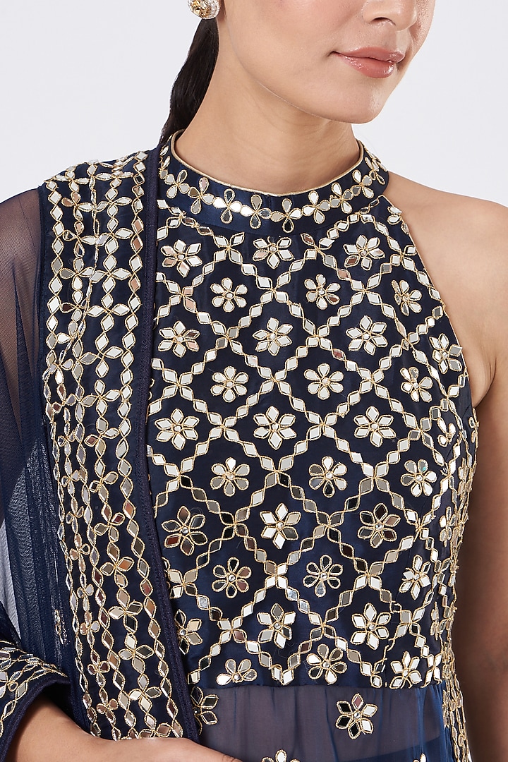 Midnight Blue Organza Mirror Embroidered Gharara Set by Vandana Sethi at Pernia's Pop Up Shop
