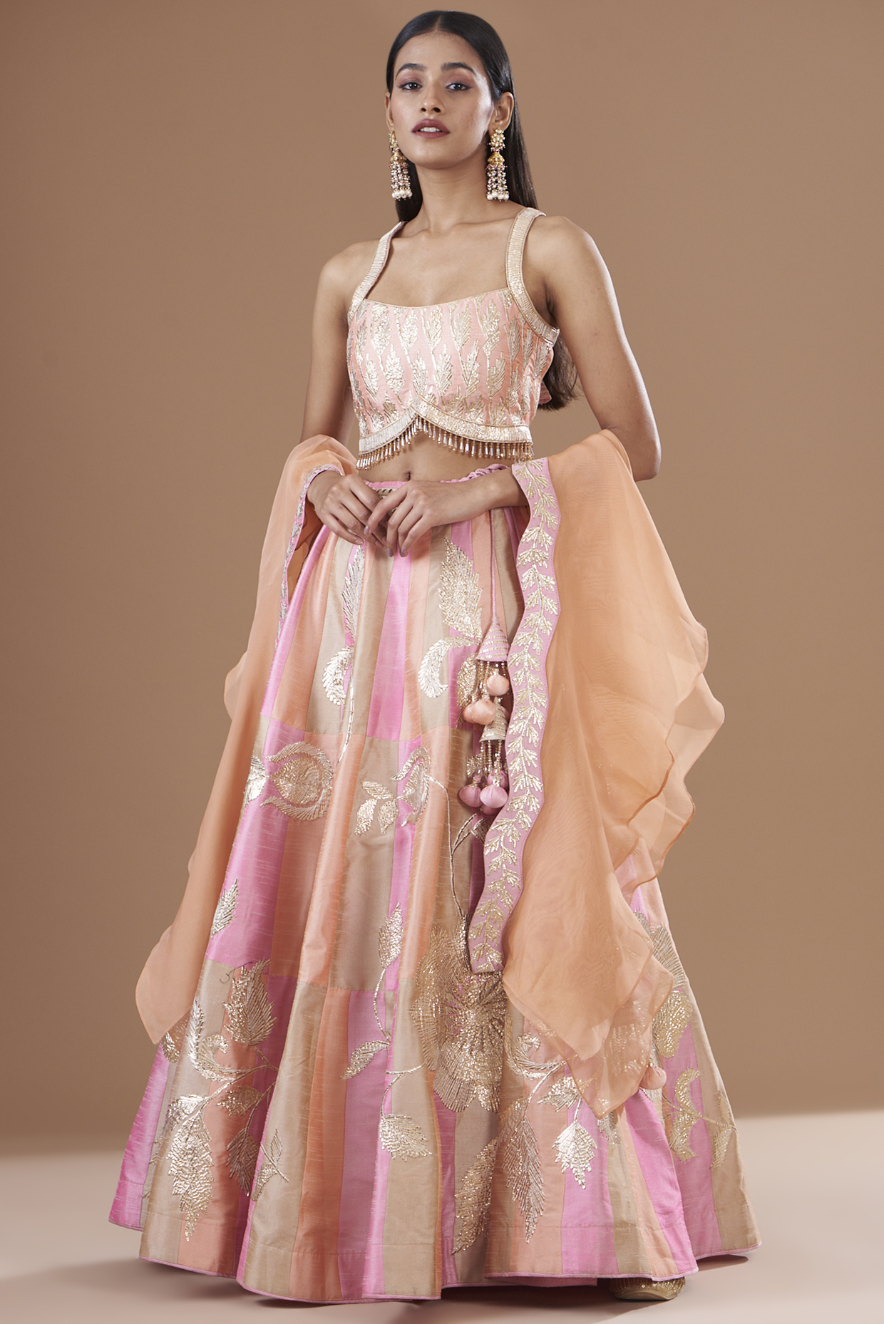 Multi-Colored Dupion Raw Silk Embroidered Lehenga Set by Vandana Sethi