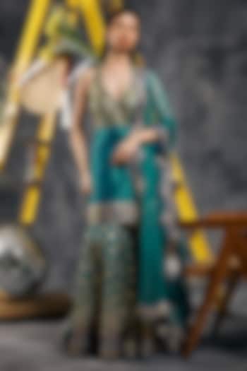 Rama Green Dupion Silk Gota Patti Embroidered Gharara Set by Vandana Sethi at Pernia's Pop Up Shop