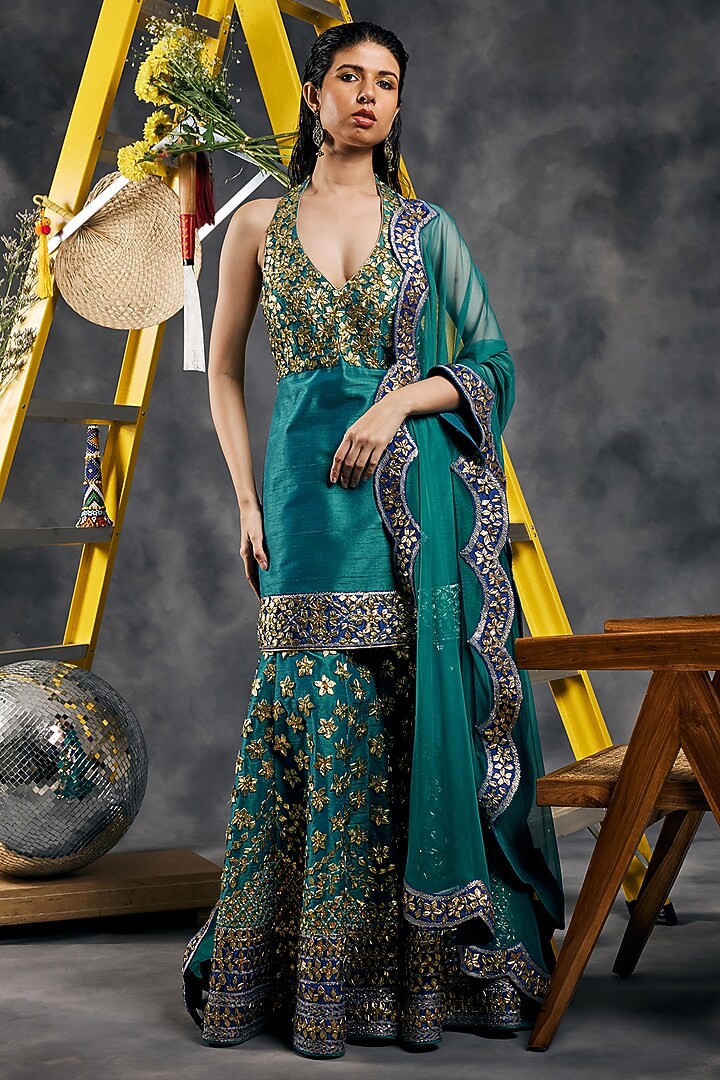 Rama Green Dupion Silk Gota Patti Embroidered Gharara Set by Vandana Sethi at Pernia's Pop Up Shop