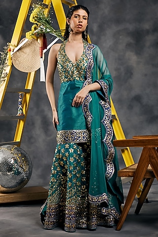 Rama Green Dupion Silk Gota Patti Embroidered Gharara Set by Vandana Sethi