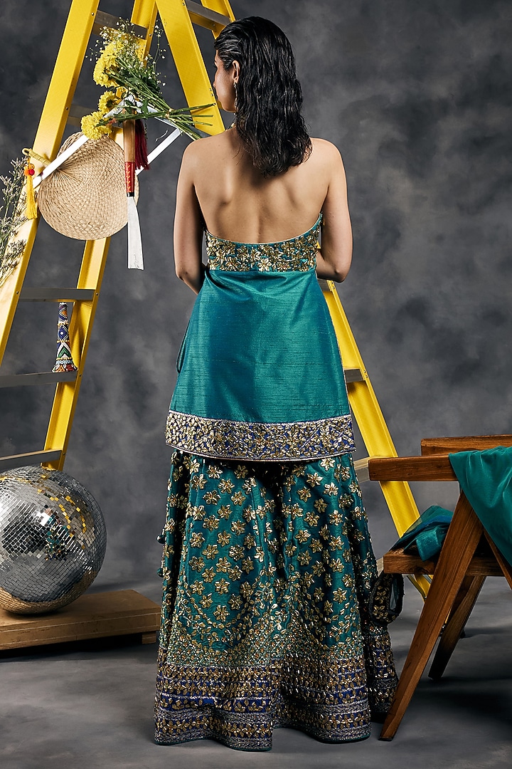 Rama Green Dupion Silk Gota Patti Embroidered Gharara Set by Vandana Sethi at Pernia's Pop Up Shop