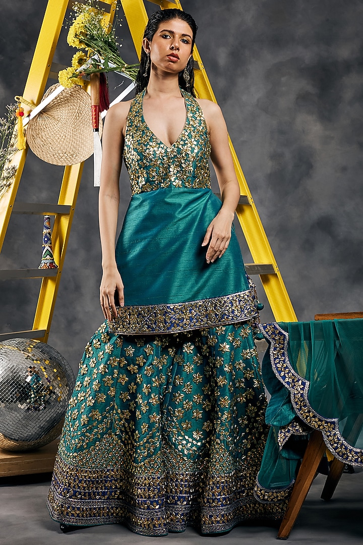 Rama Green Dupion Silk Gota Patti Embroidered Gharara Set by Vandana Sethi at Pernia's Pop Up Shop