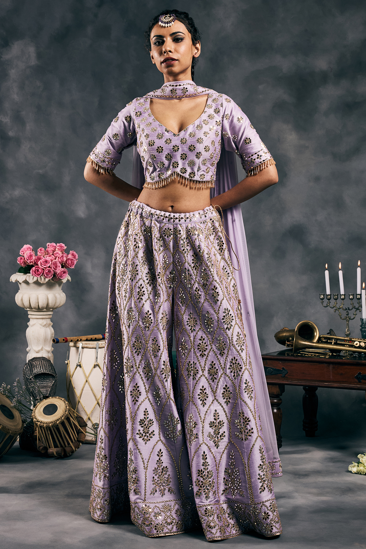 Lavender Dupion Silk Mirror Work Bridal Sharara Set by Vandana Sethi at Pernia's Pop Up Shop