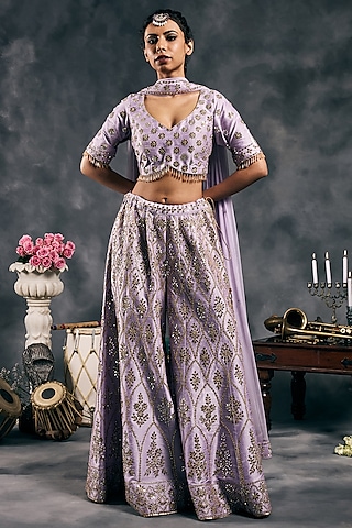 Lavender Dupion Silk Mirror Work Sharara Set by Vandana Sethi
