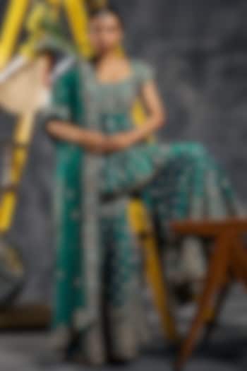 Rama Green Dupion Silk Dabka Work Gharara Set by Vandana Sethi at Pernia's Pop Up Shop