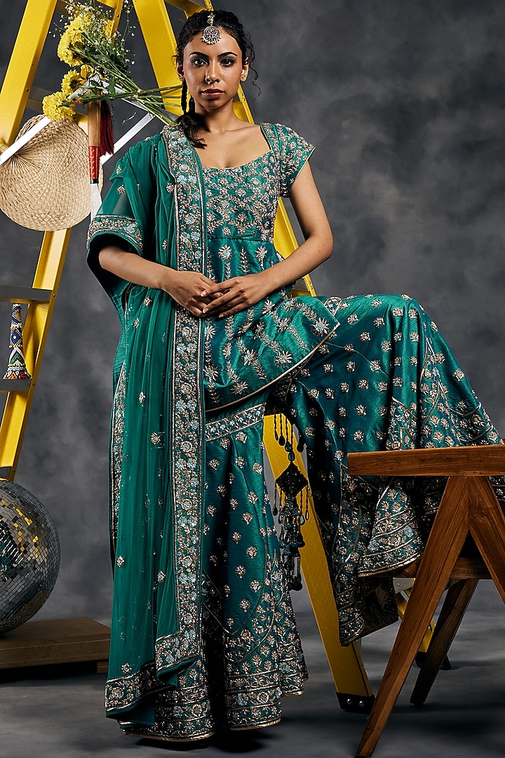Rama Green Dupion Silk Dabka Work Gharara Set by Vandana Sethi at Pernia's Pop Up Shop