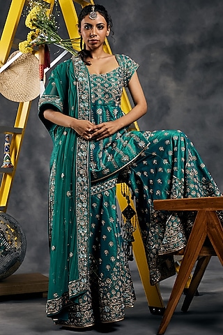 Rama Green Dupion Silk Dabka Work Gharara Set by Vandana Sethi