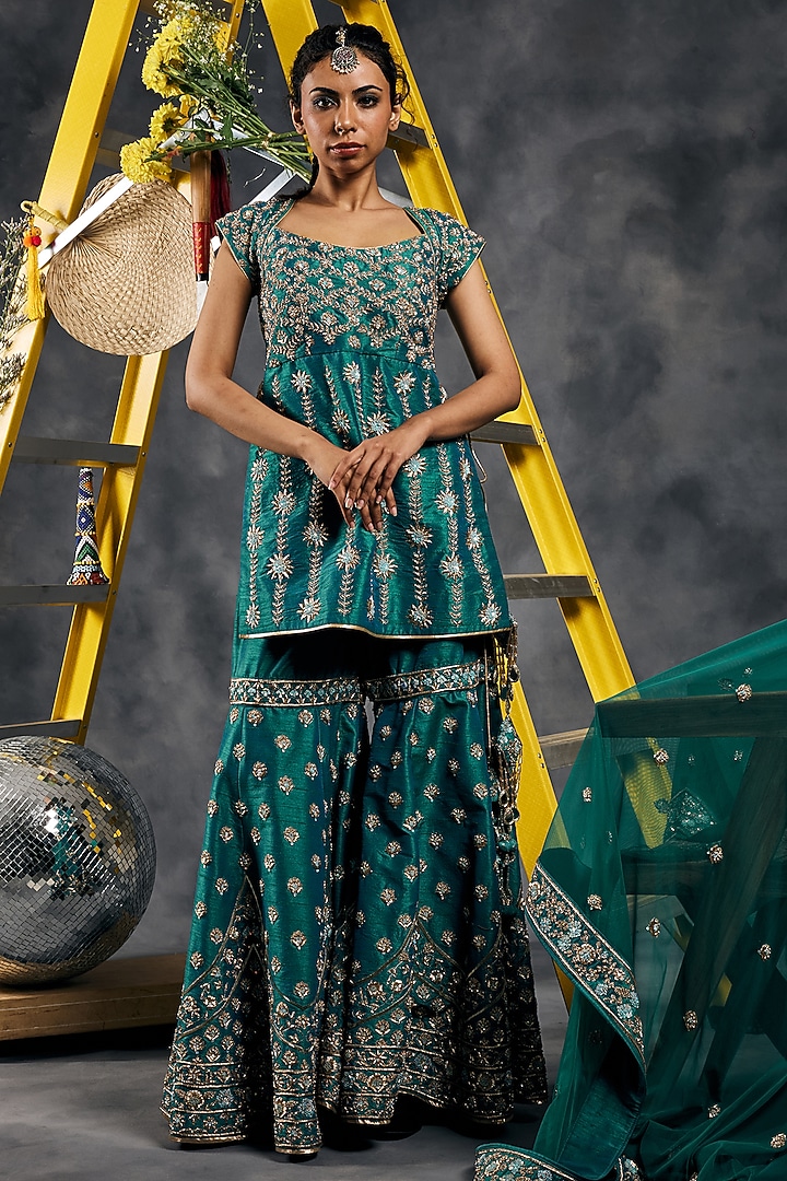 Rama Green Dupion Silk Dabka Work Gharara Set by Vandana Sethi at Pernia's Pop Up Shop