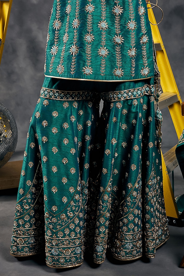 Rama Green Dupion Silk Dabka Work Gharara Set by Vandana Sethi at Pernia's Pop Up Shop