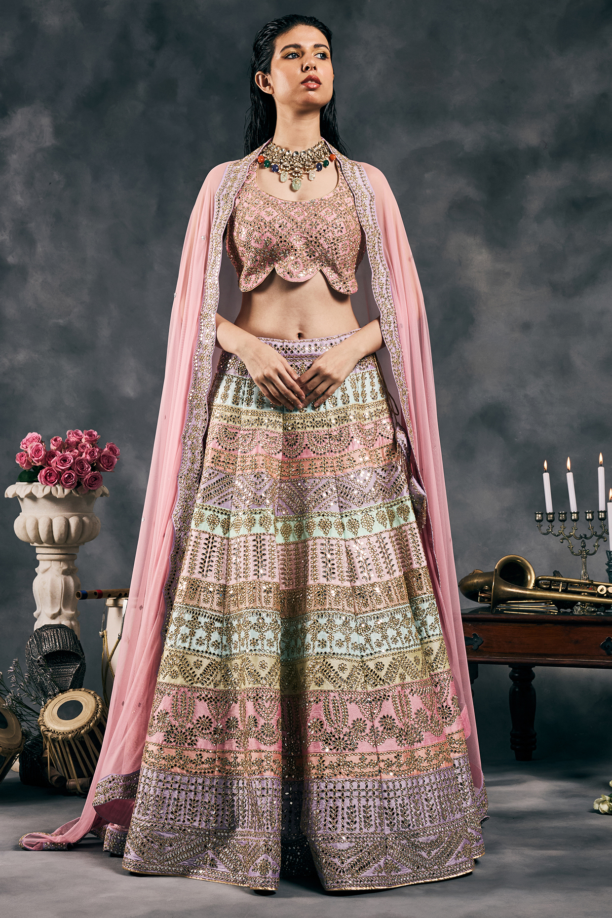 Multi-Colored Pastel Dupion Silk Mirror Work Bridal Lehenga Set by Vandana Sethi at Pernia's Pop Up Shop