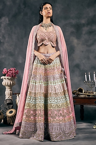 Multi-Colored Pastel Dupion Silk Mirror Work Lehenga Set by Vandana Sethi