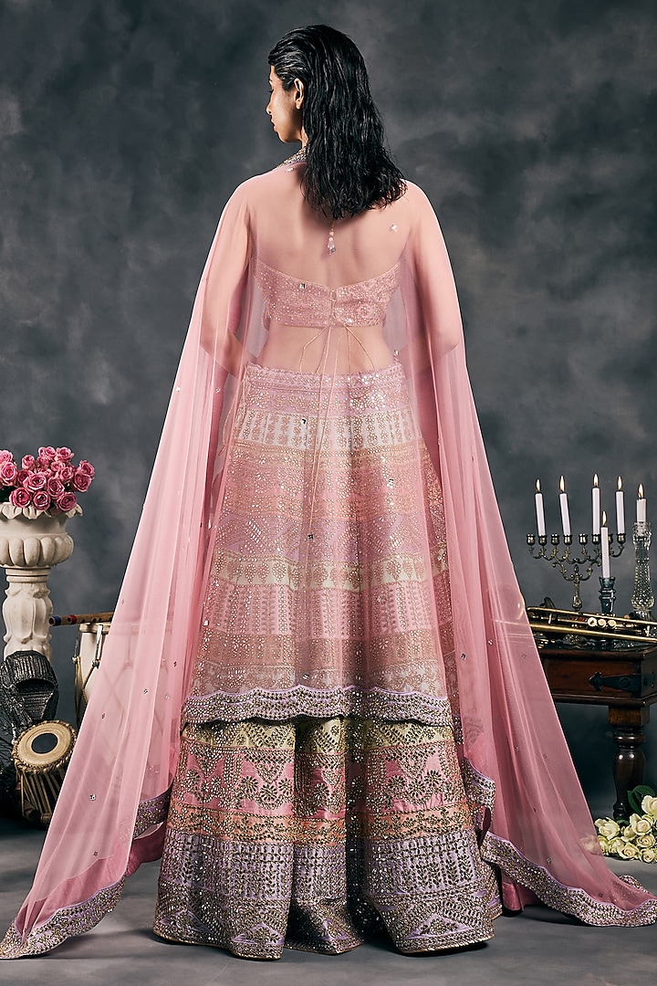 Multi-Colored Pastel Dupion Silk Mirror Work Bridal Lehenga Set by Vandana Sethi at Pernia's Pop Up Shop