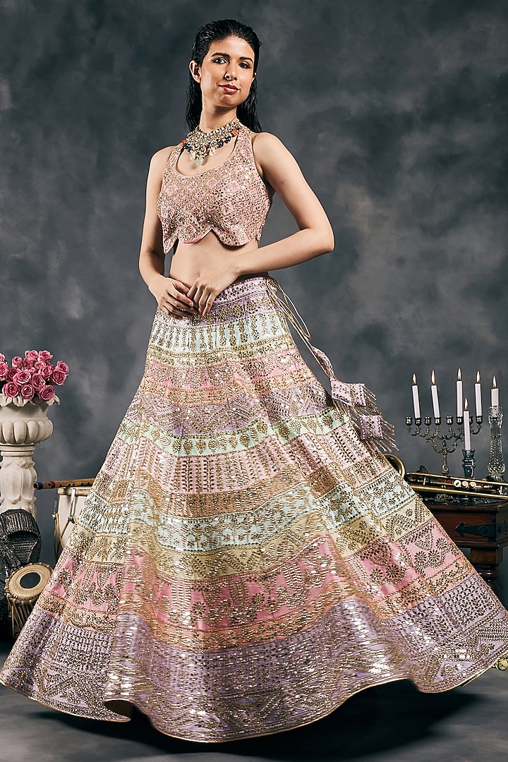 Multi-Colored Pastel Dupion Silk Mirror Work Bridal Lehenga Set by Vandana Sethi at Pernia's Pop Up Shop