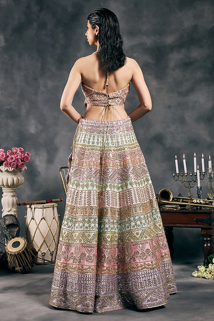 Multi-Colored Pastel Dupion Silk Mirror Work Bridal Lehenga Set by Vandana Sethi at Pernia's Pop Up Shop