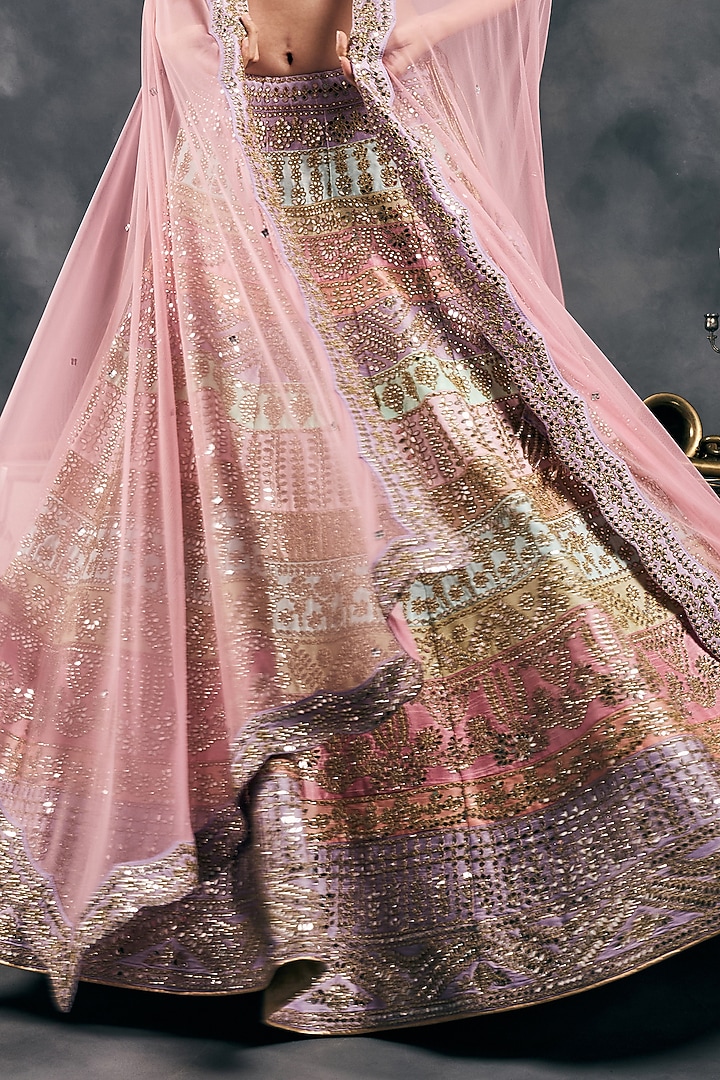 Multi-Colored Pastel Dupion Silk Mirror Work Bridal Lehenga Set by Vandana Sethi at Pernia's Pop Up Shop