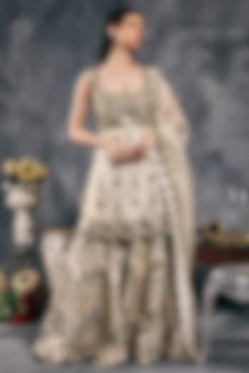 Ivory Organza Mirror Work Gharara Set by Vandana Sethi at Pernia's Pop Up Shop