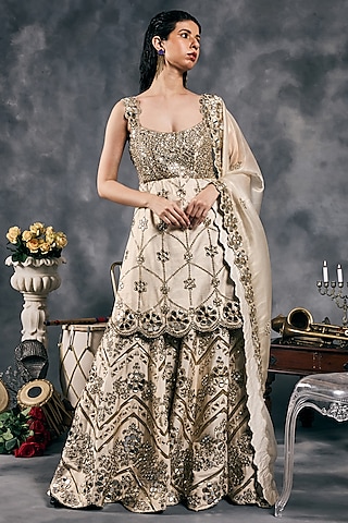 Ivory Organza Mirror Work Gharara Set by Vandana Sethi
