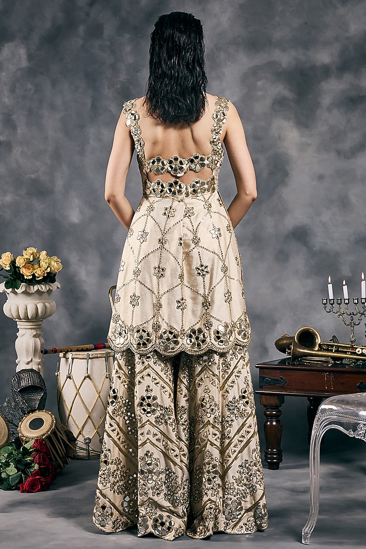 Ivory Organza Mirror Work Gharara Set by Vandana Sethi at Pernia's Pop Up Shop