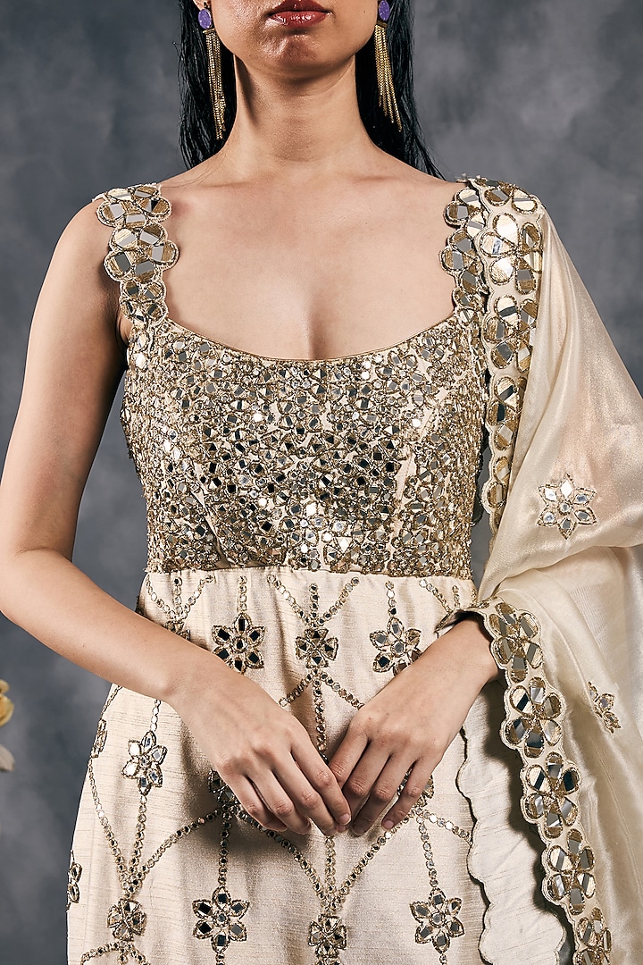 Ivory Organza Mirror Work Gharara Set by Vandana Sethi at Pernia's Pop Up Shop