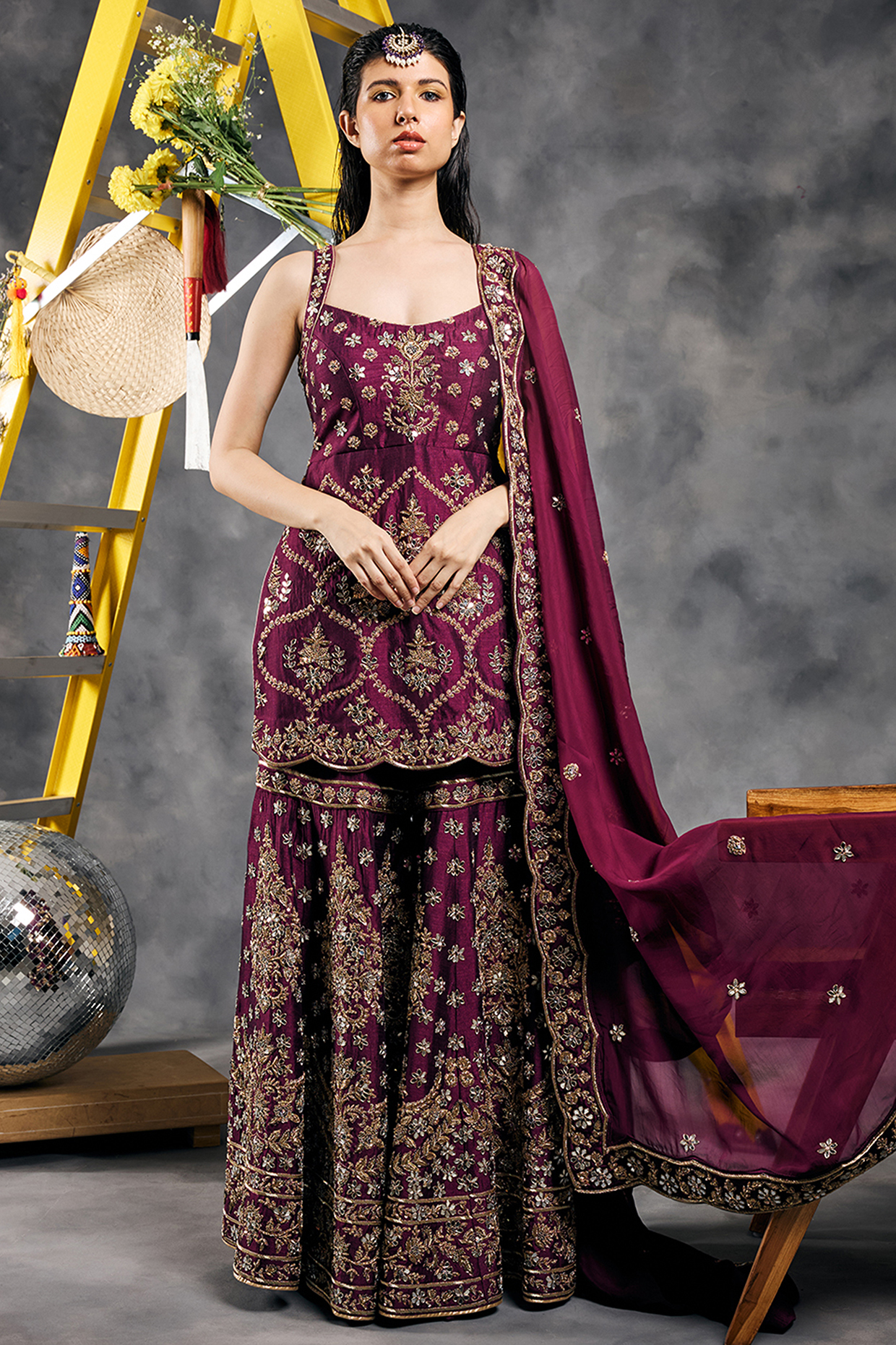 Plum Soft Silk Mirror Work Gharara Set by Vandana Sethi at Pernia's Pop Up Shop