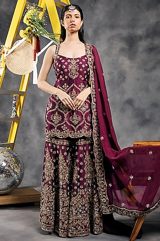 Plum Soft Silk Mirror Work Gharara Set by Vandana Sethi