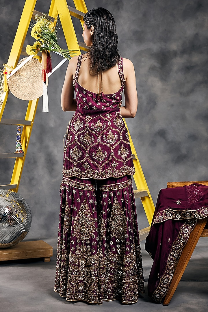 Plum Soft Silk Mirror Work Gharara Set by Vandana Sethi at Pernia's Pop Up Shop