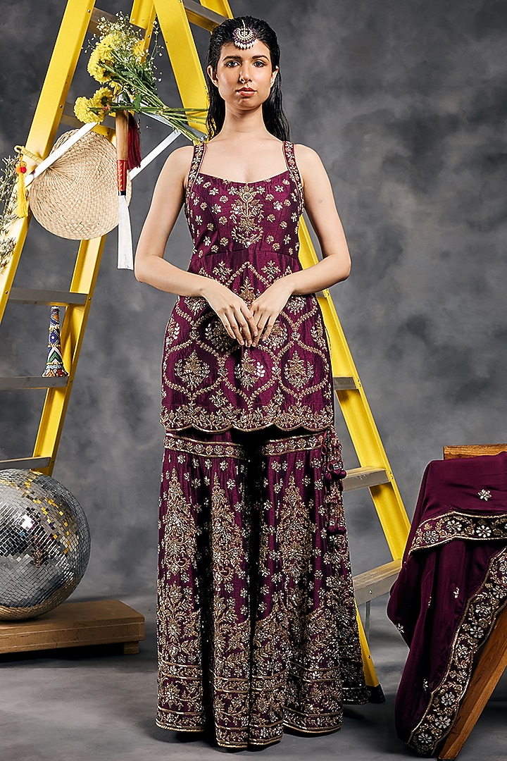 Plum Soft Silk Mirror Work Gharara Set by Vandana Sethi at Pernia's Pop Up Shop