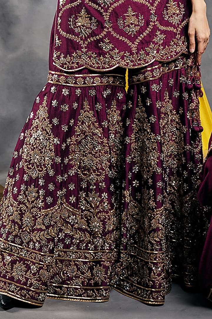 Plum Soft Silk Mirror Work Gharara Set by Vandana Sethi at Pernia's Pop Up Shop