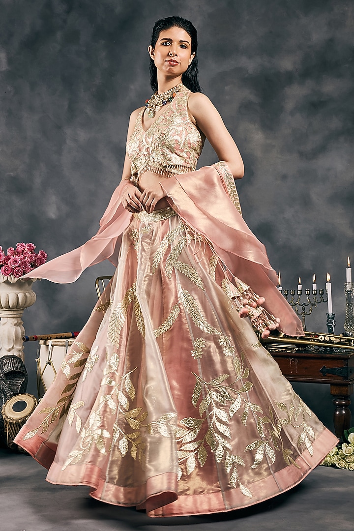Multi-Colored Pastel Shimmer Organza Gota Embroidered Wedding Lehenga Set by Vandana Sethi at Pernia's Pop Up Shop