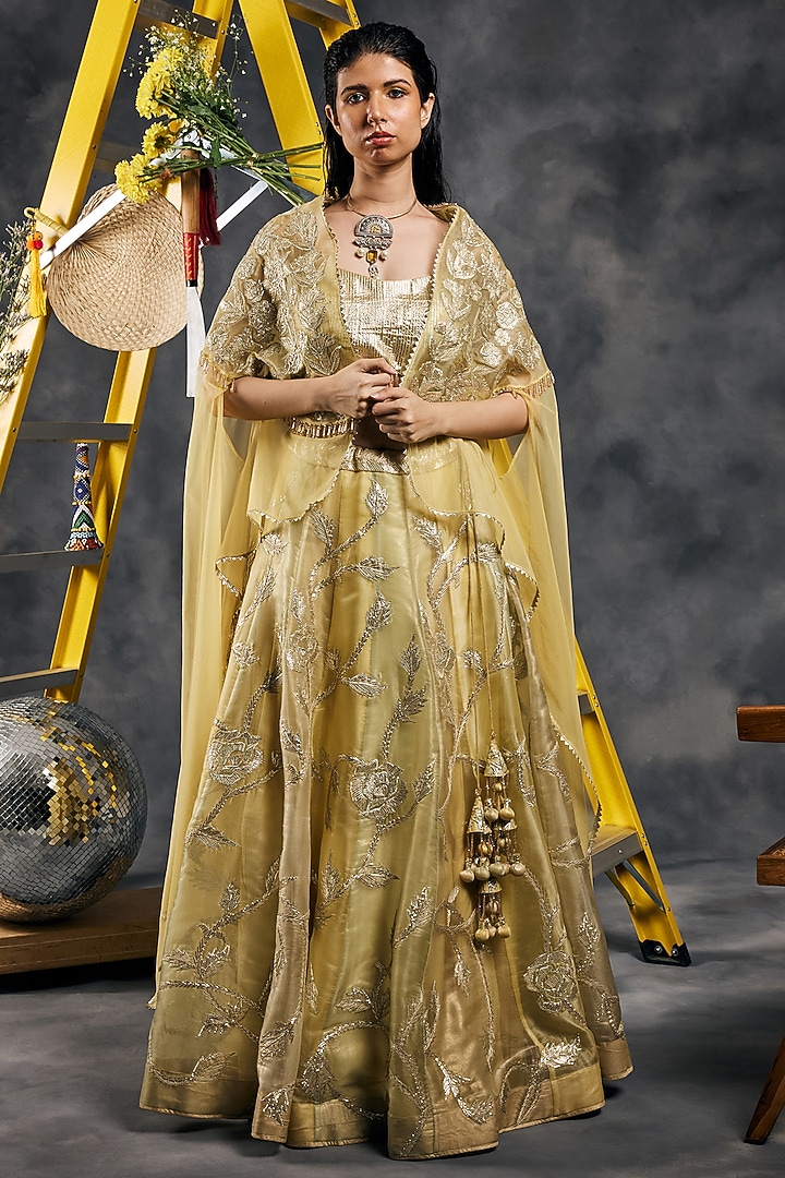 Yellow Shimmer Organza Gota Embroidered Wedding Lehenga Set by Vandana Sethi at Pernia's Pop Up Shop