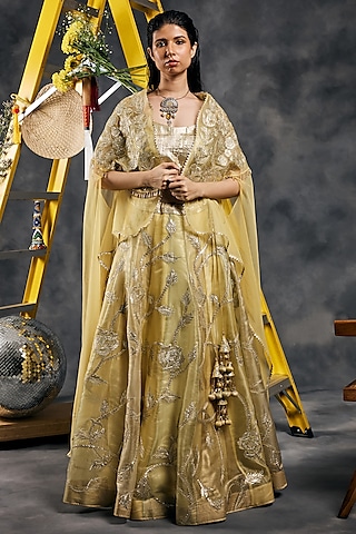 Yellow Shimmer Organza Gota Embroidered Lehenga Set by Vandana Sethi