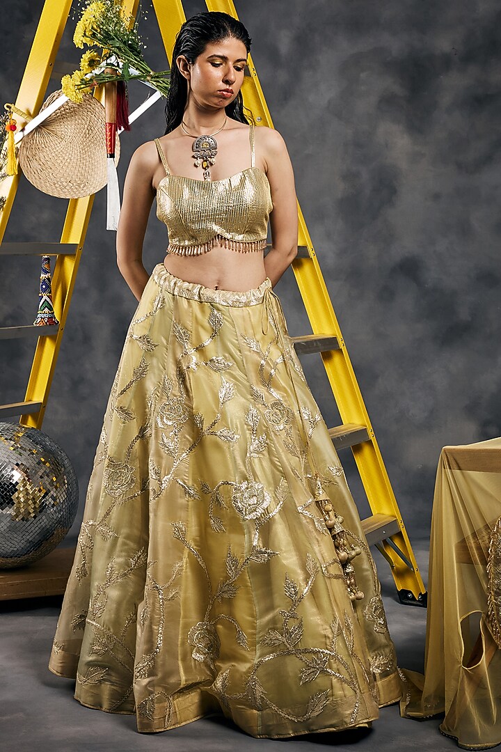 Yellow Shimmer Organza Gota Embroidered Wedding Lehenga Set by Vandana Sethi at Pernia's Pop Up Shop